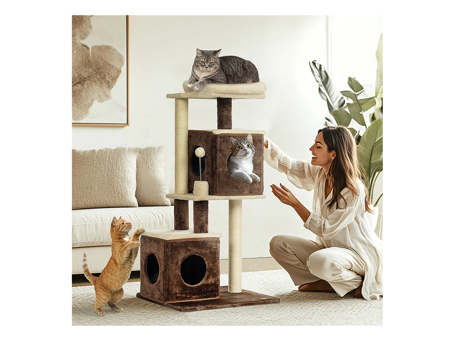 Albero tiragraffi per gatti con 2 casette e lettino in legno multicolore