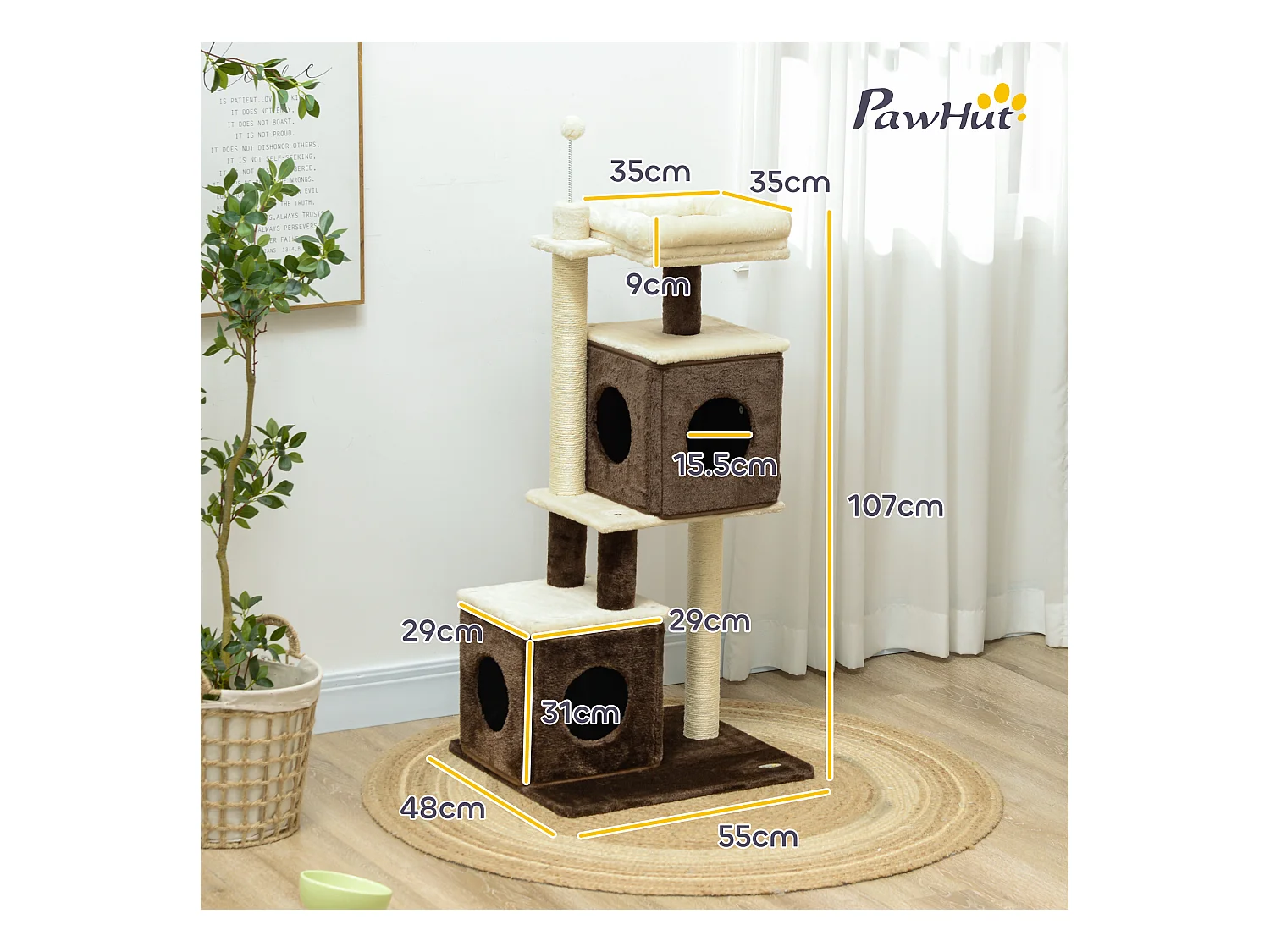 Albero tiragraffi per gatti con 2 casette e lettino in legno multicolore