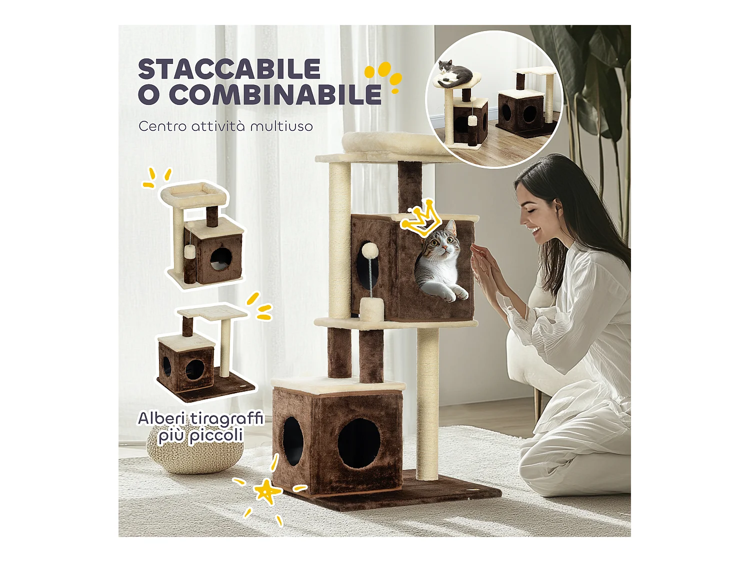 Albero tiragraffi per gatti con 2 casette e lettino in legno multicolore