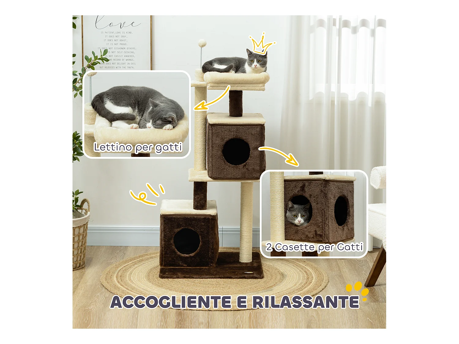 Albero tiragraffi per gatti con 2 casette e lettino in legno multicolore