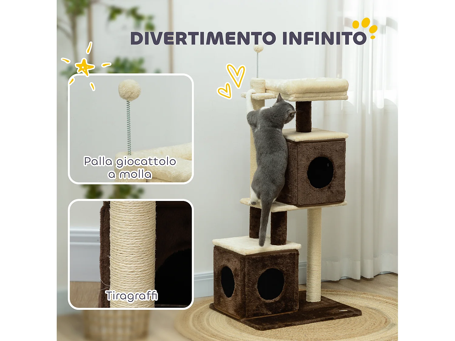 Albero tiragraffi per gatti con 2 casette e lettino in legno multicolore