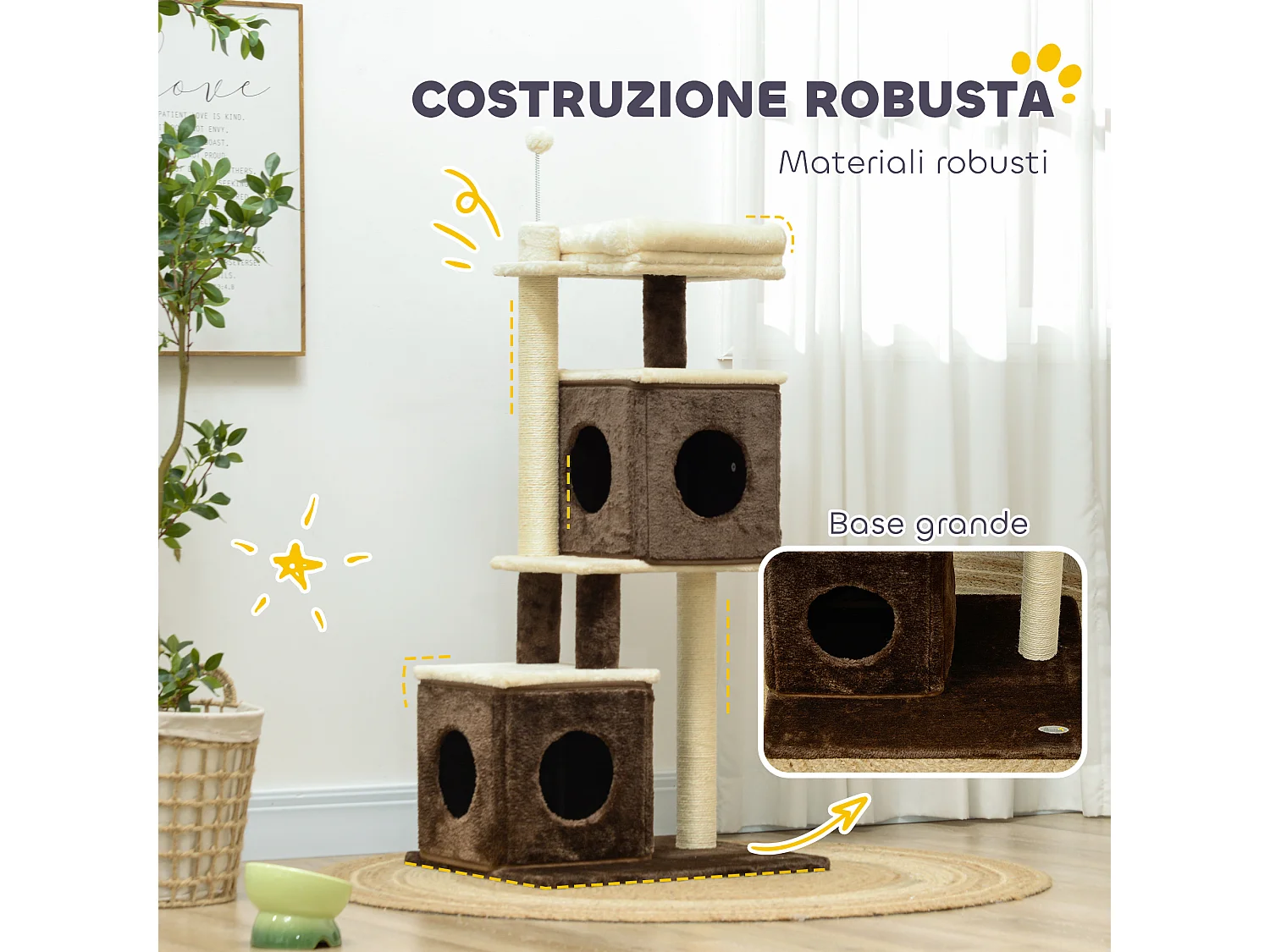 Albero tiragraffi per gatti con 2 casette e lettino in legno multicolore