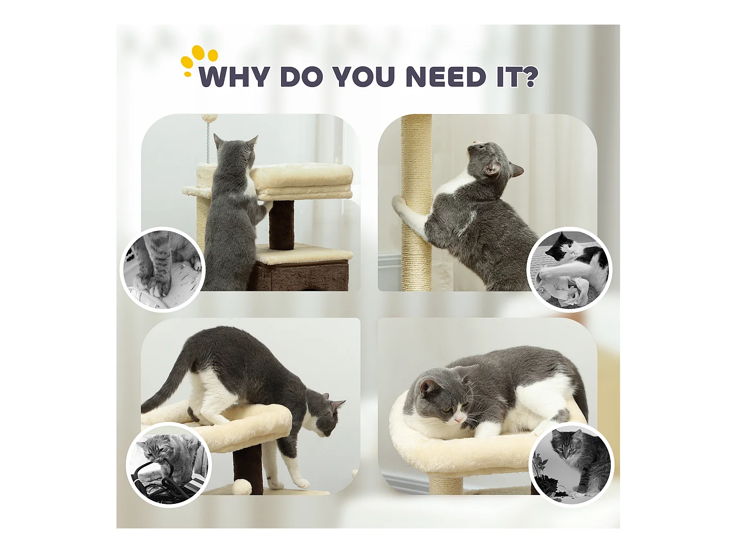 Albero tiragraffi per gatti con 2 casette e lettino in legno multicolore