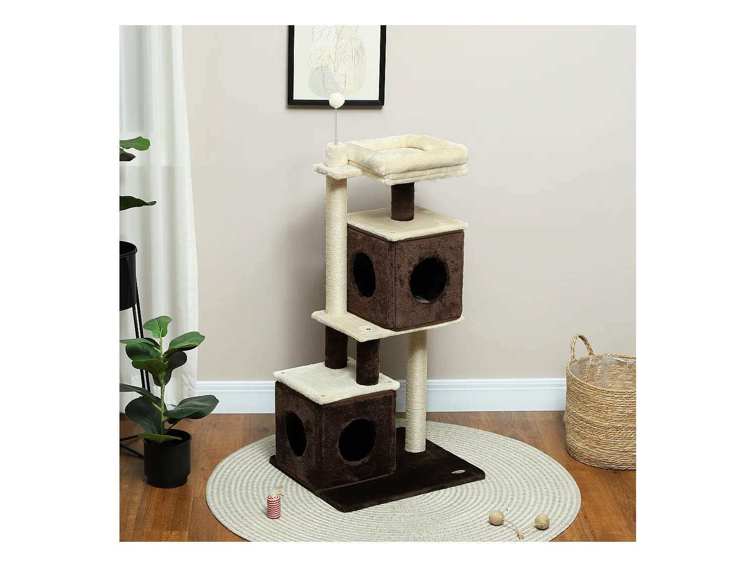 Albero tiragraffi per gatti con 2 casette e lettino in legno multicolore