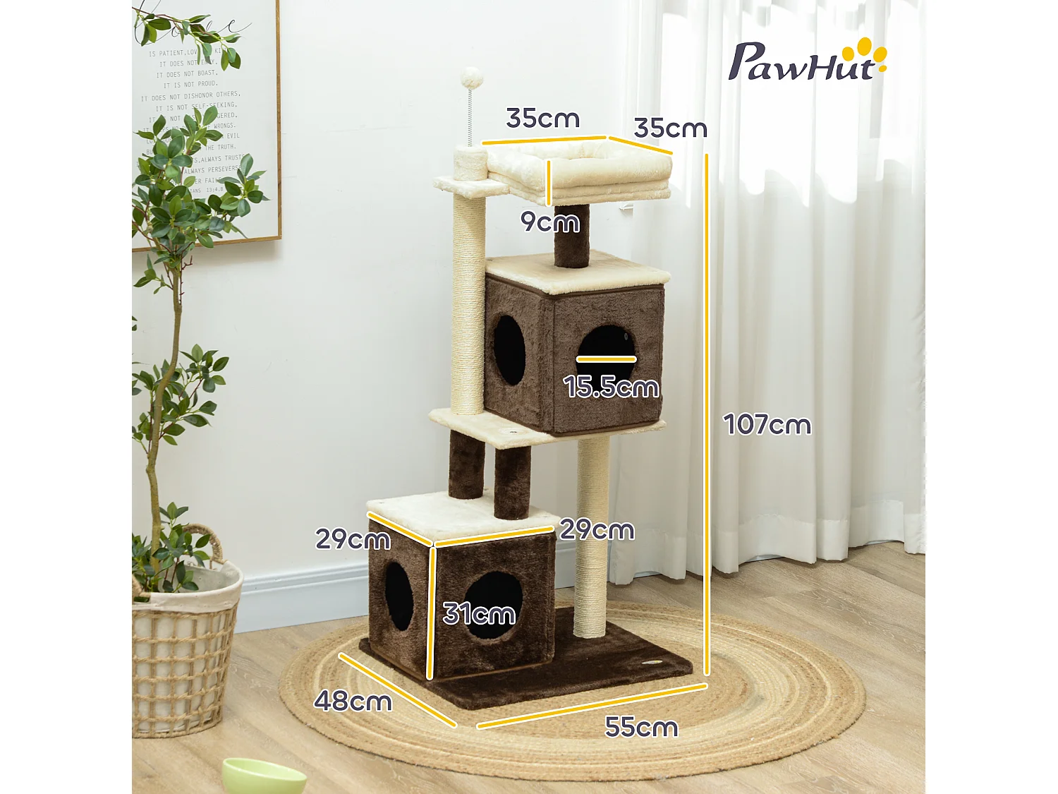 Albero tiragraffi per gatti con 2 casette e lettino in legno multicolore