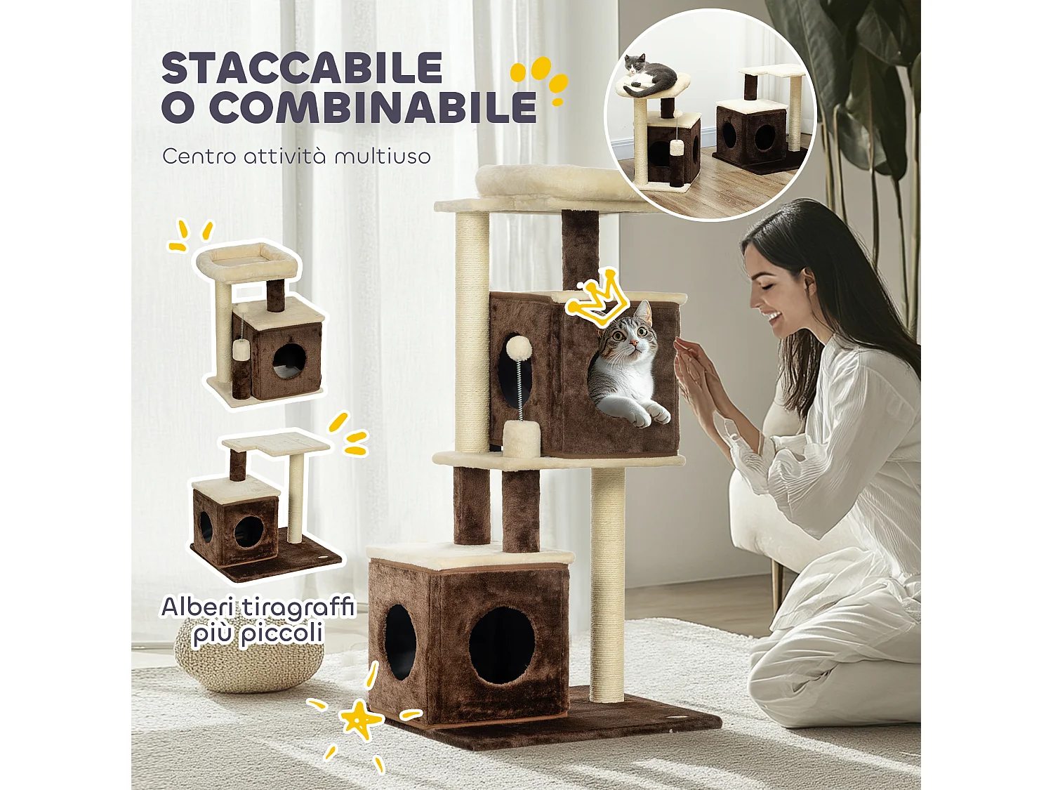 Albero tiragraffi per gatti con 2 casette e lettino in legno multicolore