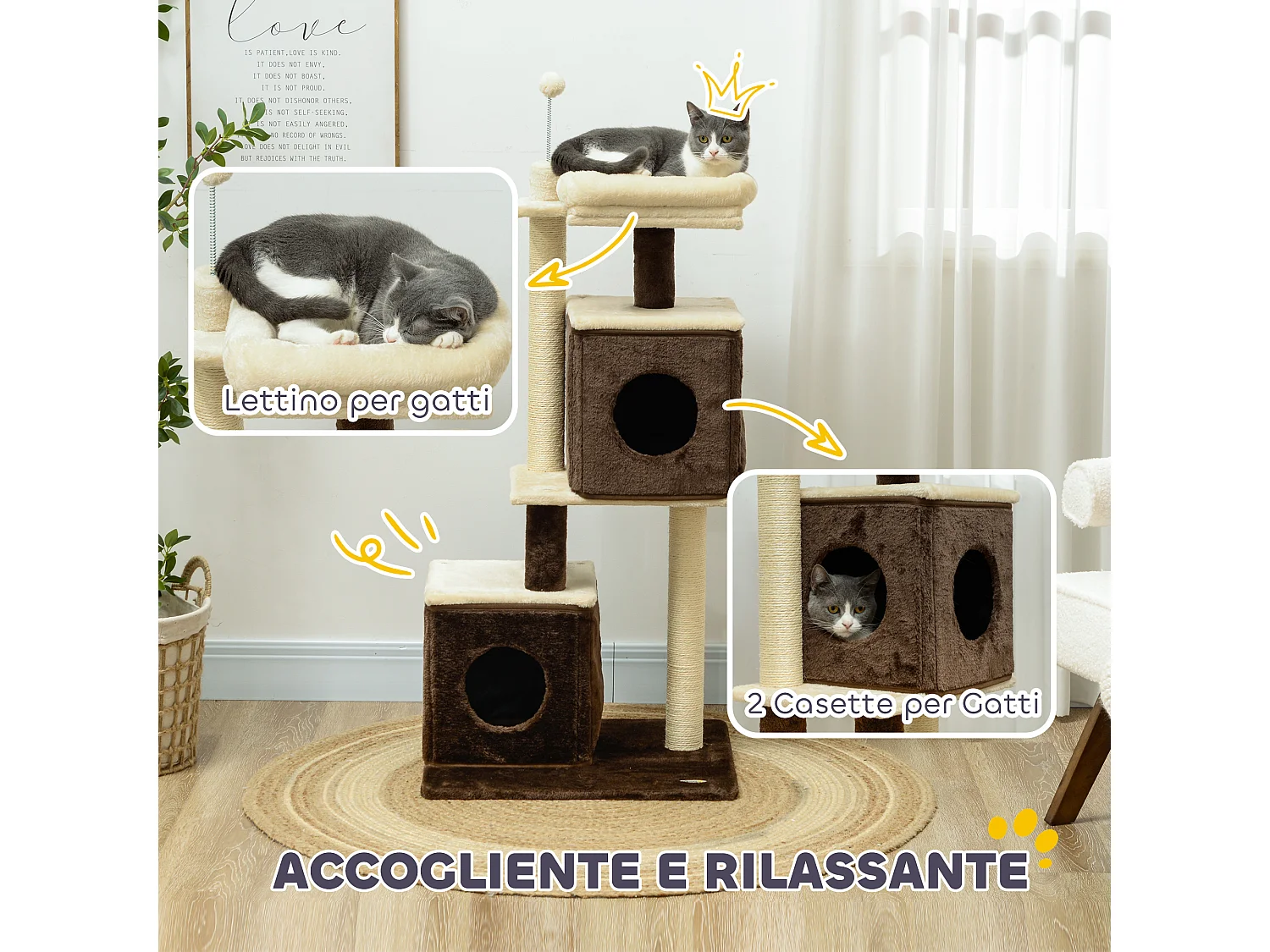 Albero tiragraffi per gatti con 2 casette e lettino in legno multicolore