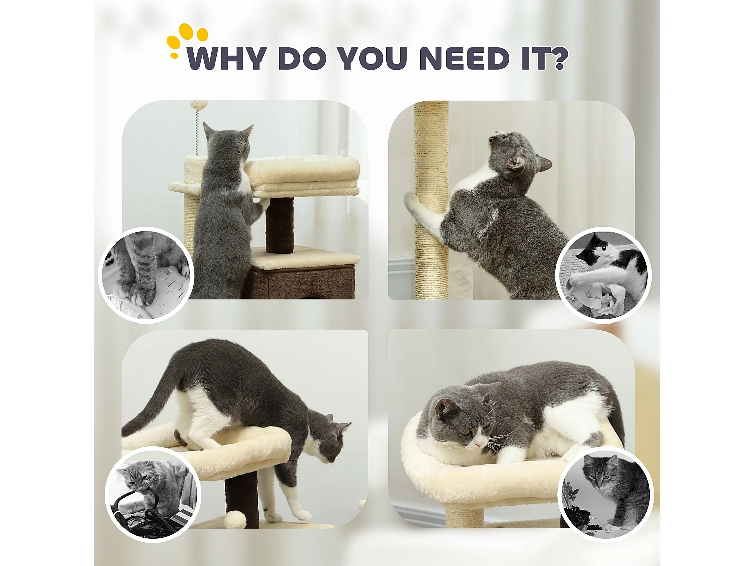 Albero tiragraffi per gatti con 2 casette e lettino in legno multicolore