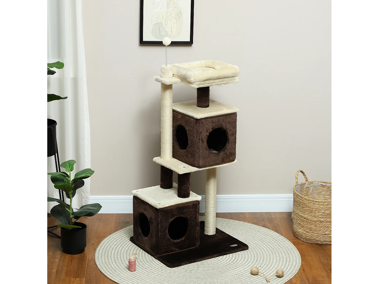 Albero tiragraffi per gatti con 2 casette e lettino in legno multicolore