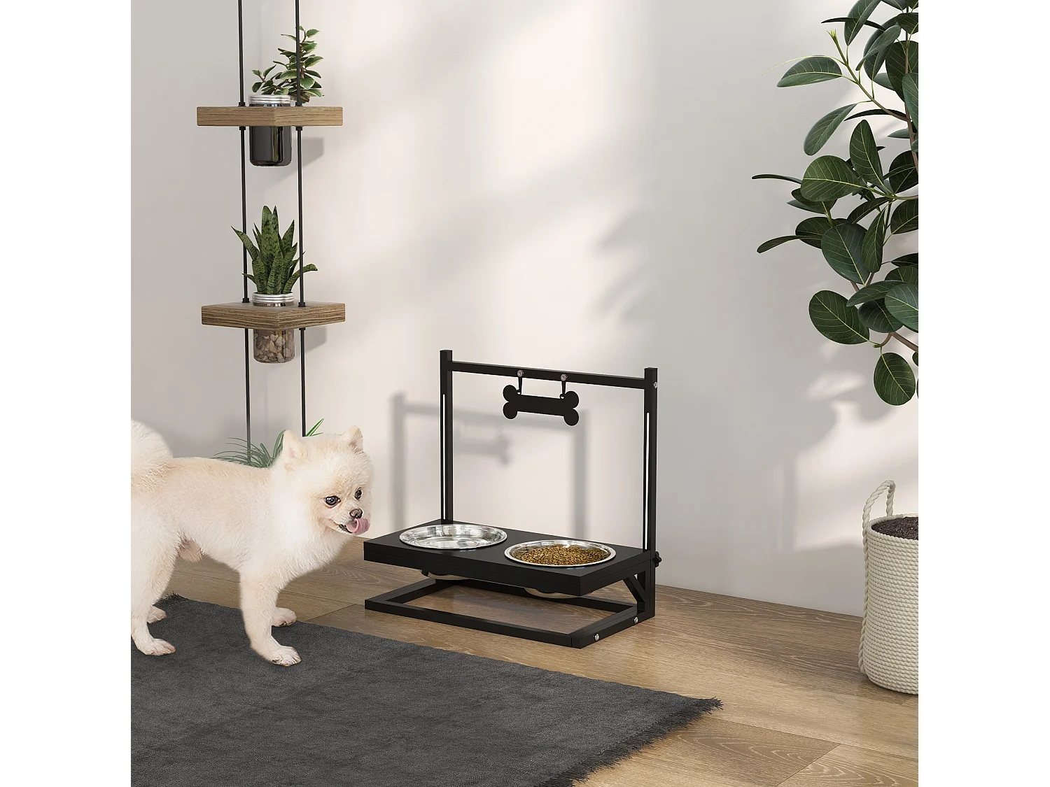 Portaciotole per cani rialzata altezza regolabile 2 ciotole acciaio nero