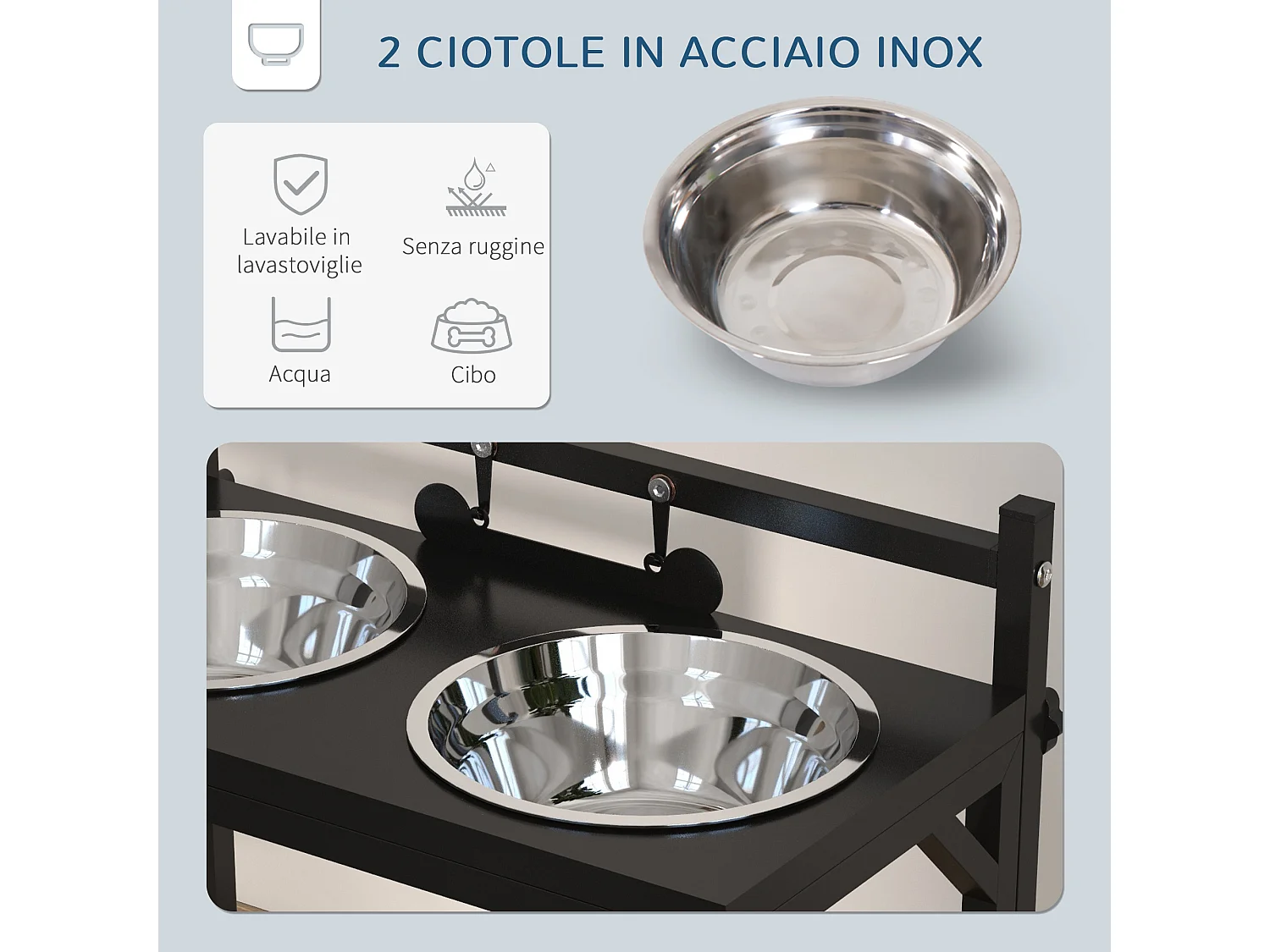 Portaciotole per cani rialzata altezza regolabile 2 ciotole acciaio nero