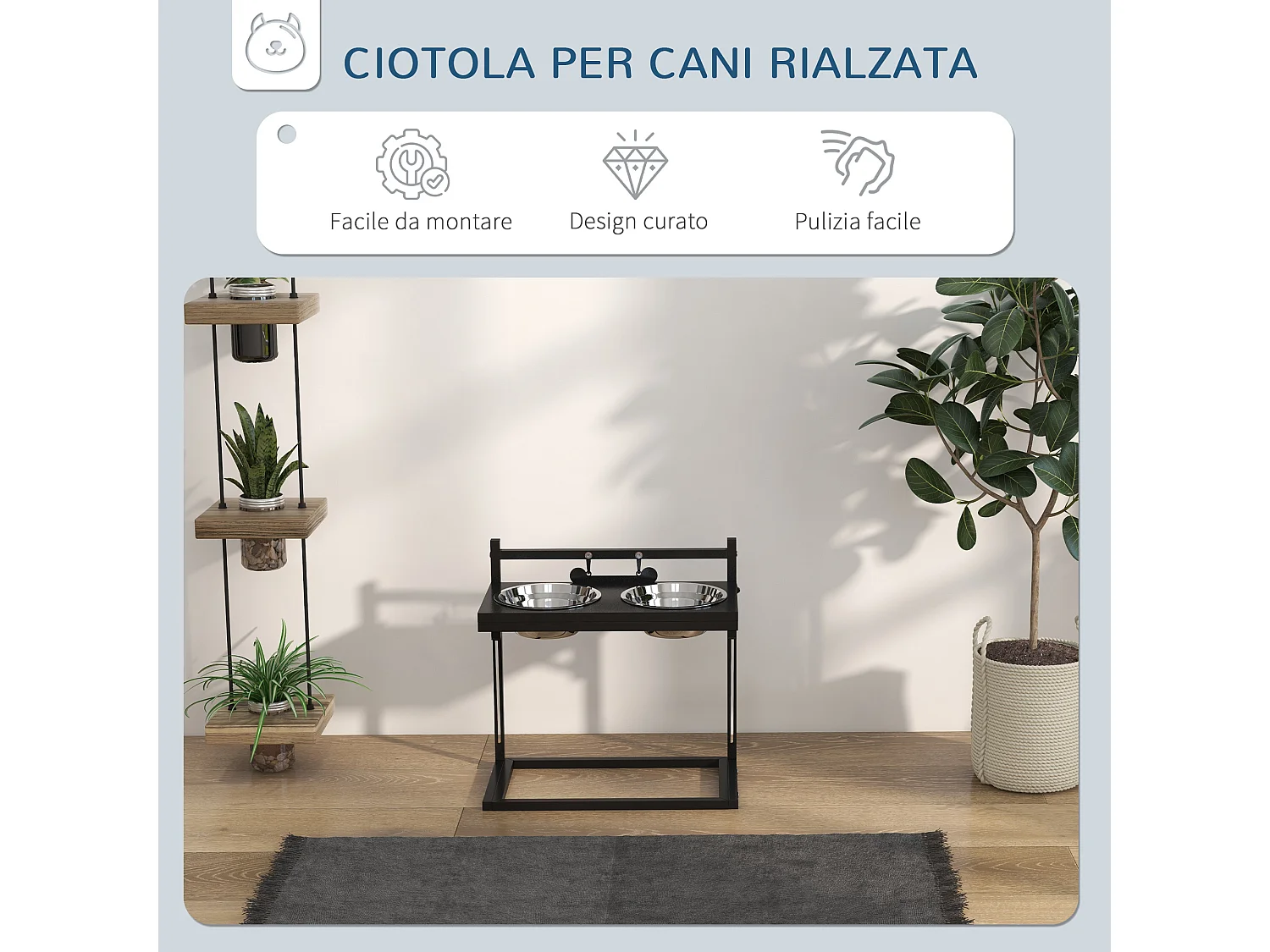 Portaciotole per cani rialzata altezza regolabile 2 ciotole acciaio nero