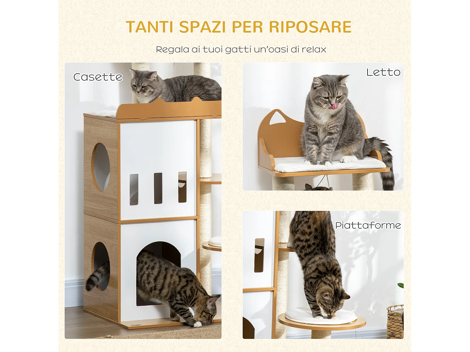 Albero per gatti con tiragraffi 2 casette posatoi e pallina da gioco