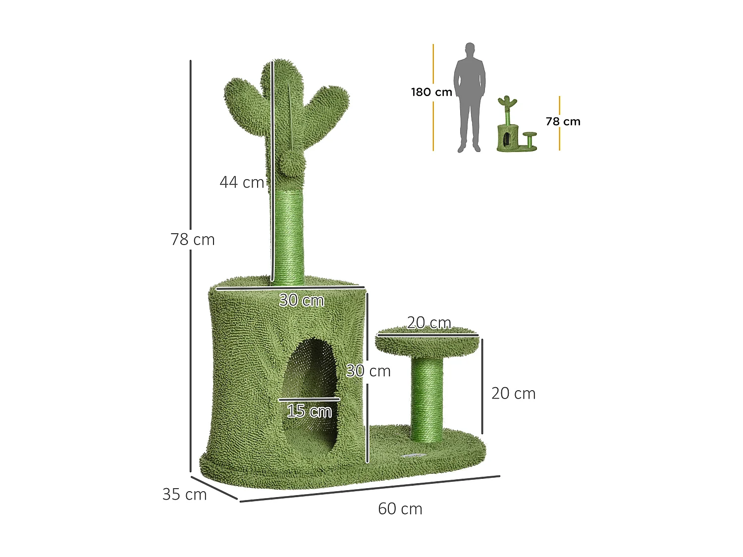 Albero tiragraffi per gatti adulti a forma di cactus 60x35x78cm verde
