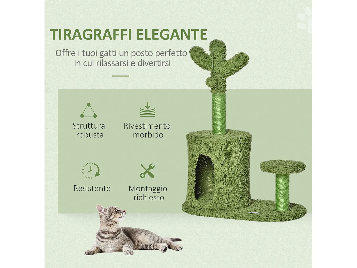 Albero tiragraffi per gatti adulti a forma di cactus 60x35x78cm verde