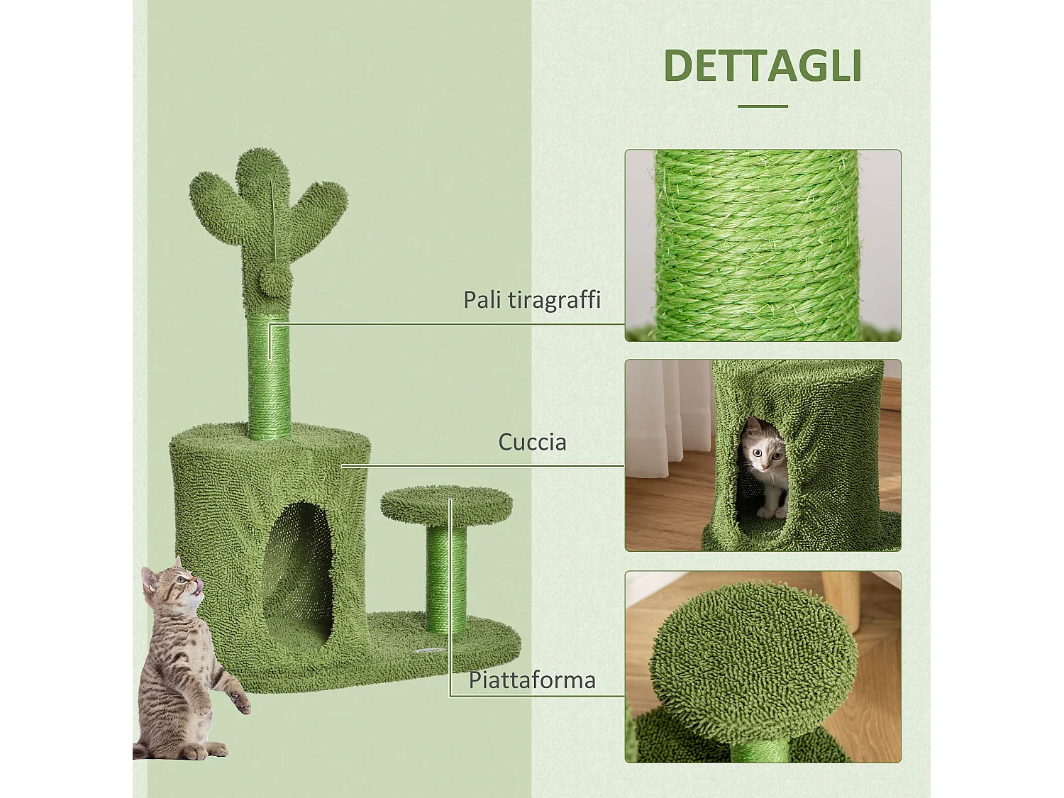 Albero tiragraffi per gatti adulti a forma di cactus 60x35x78cm verde