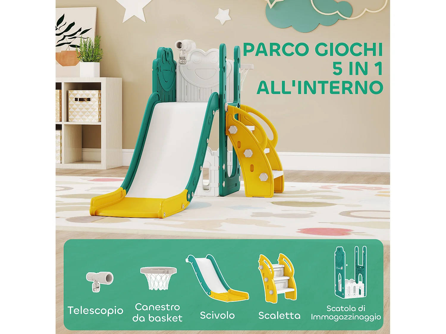Set scivolo per bambini 1-3 anni con canestro e telescopio giallo
