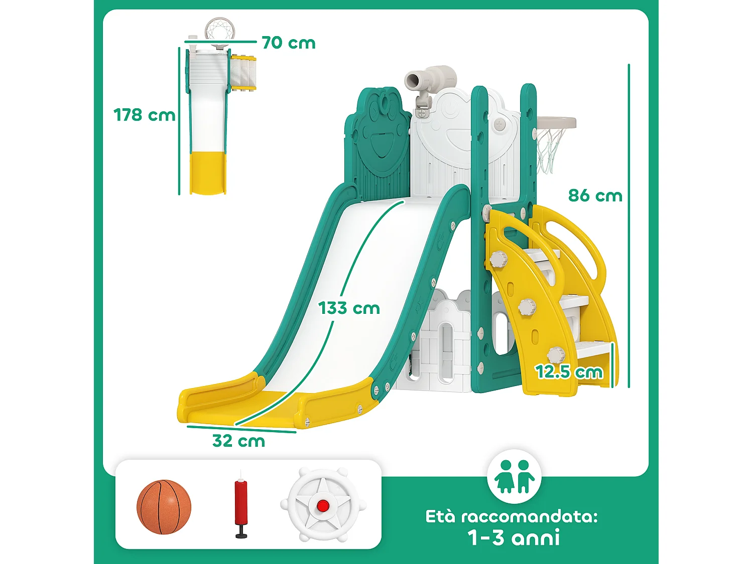 Set scivolo per bambini 1-3 anni con canestro e telescopio giallo