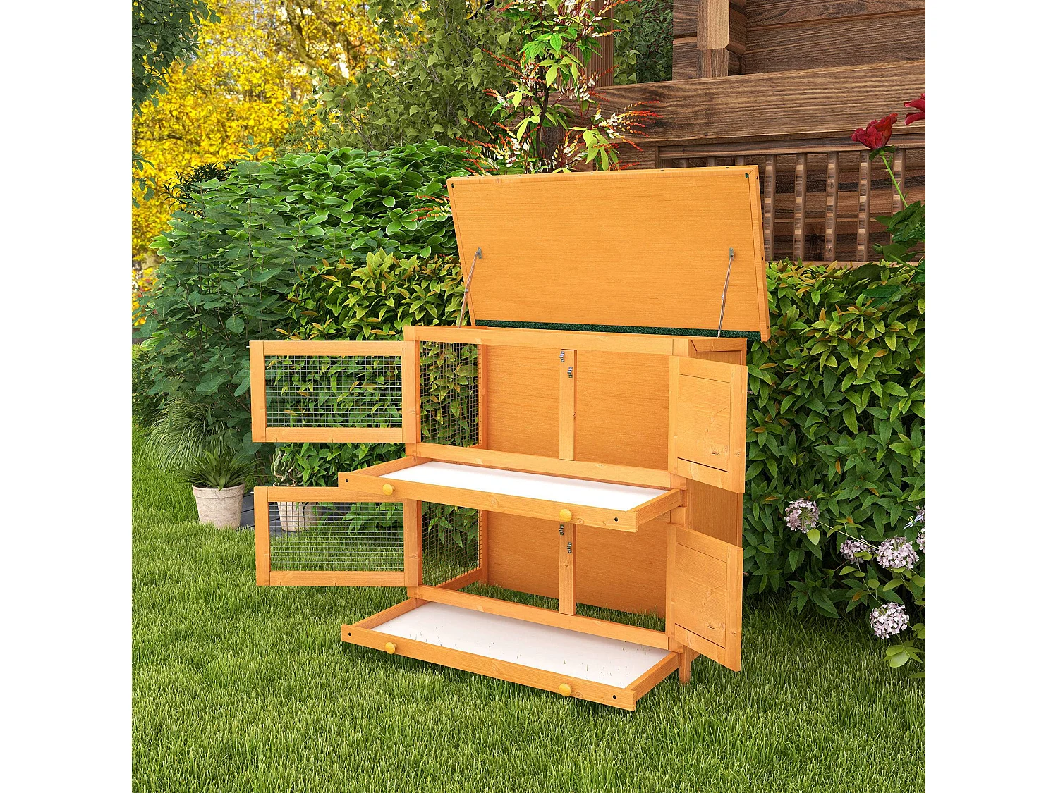 Gabbia conigliera a 2 piani per conigli da esterno in legno