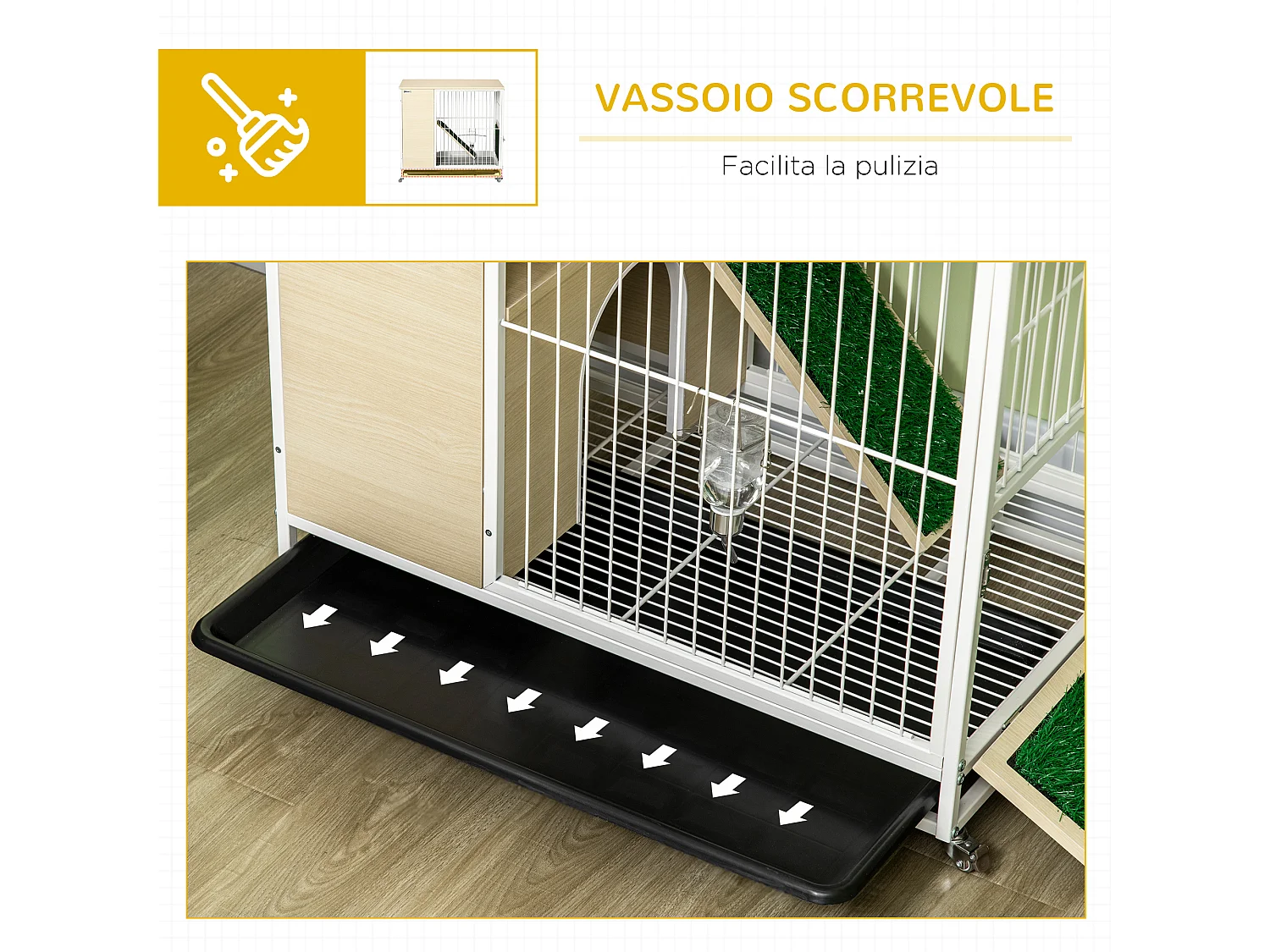 Gabbia per conigli con serbatoio d'acqua e vassoio estraibile