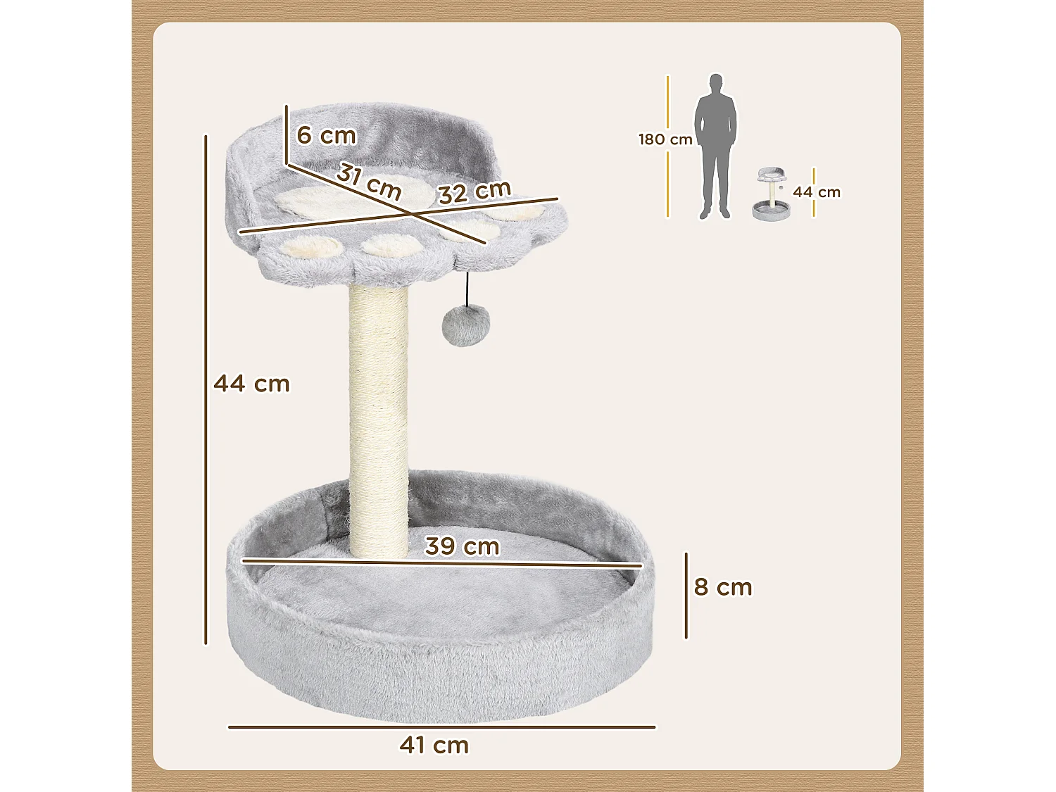 Tiragraffi per gatti con lettini e corda juta 41x41x44cm grigio chiaro