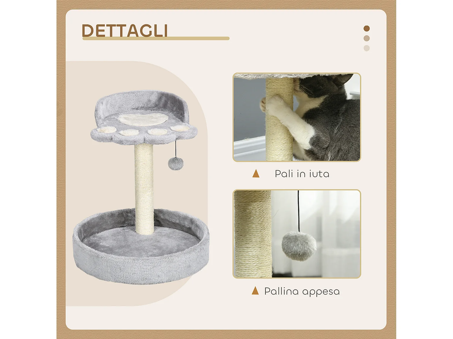 Tiragraffi per gatti con lettini e corda juta 41x41x44cm grigio chiaro