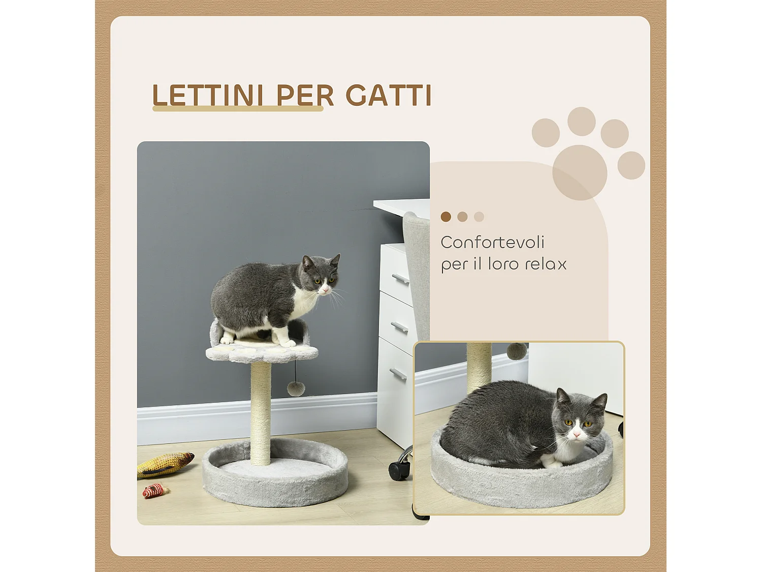 Tiragraffi per gatti con lettini e corda juta 41x41x44cm grigio chiaro