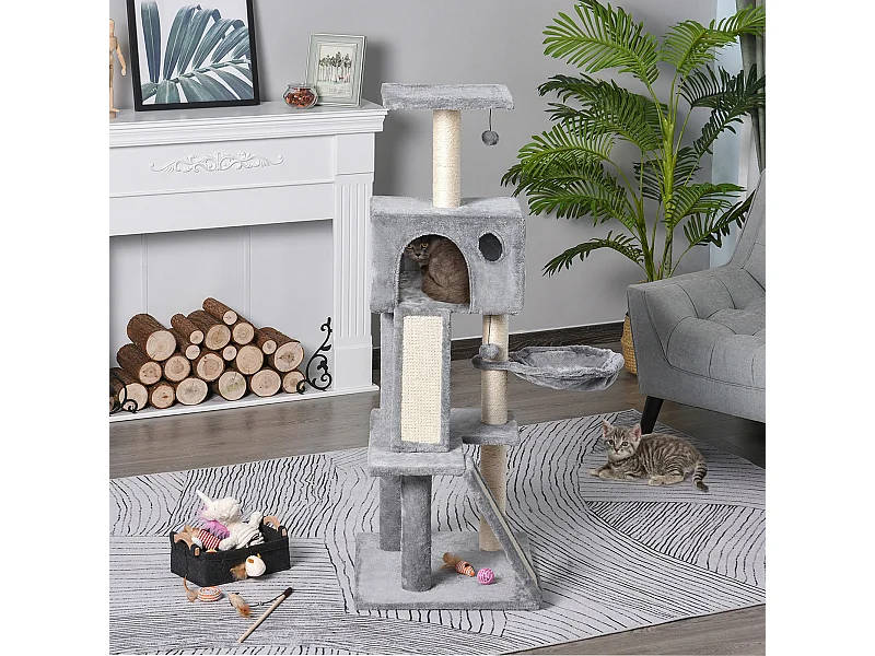 Albero tiragraffi con cuccia in peluche grigio e corda sisal 60x49x130cm