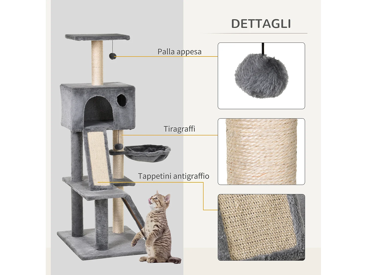 Albero tiragraffi con cuccia in peluche grigio e corda sisal 60x49x130cm