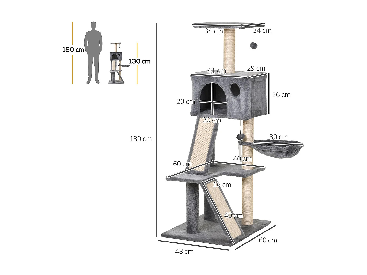 Albero tiragraffi con cuccia in peluche grigio e corda sisal 60x49x130cm