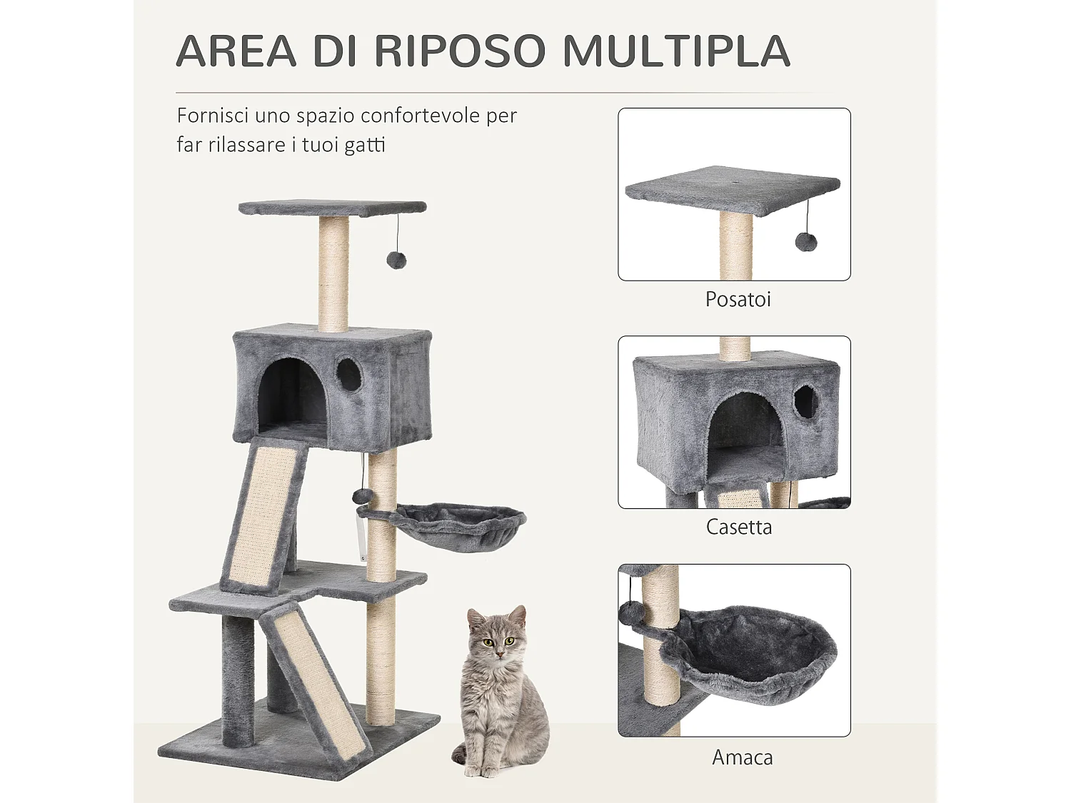 Albero tiragraffi con cuccia in peluche grigio e corda sisal 60x49x130cm