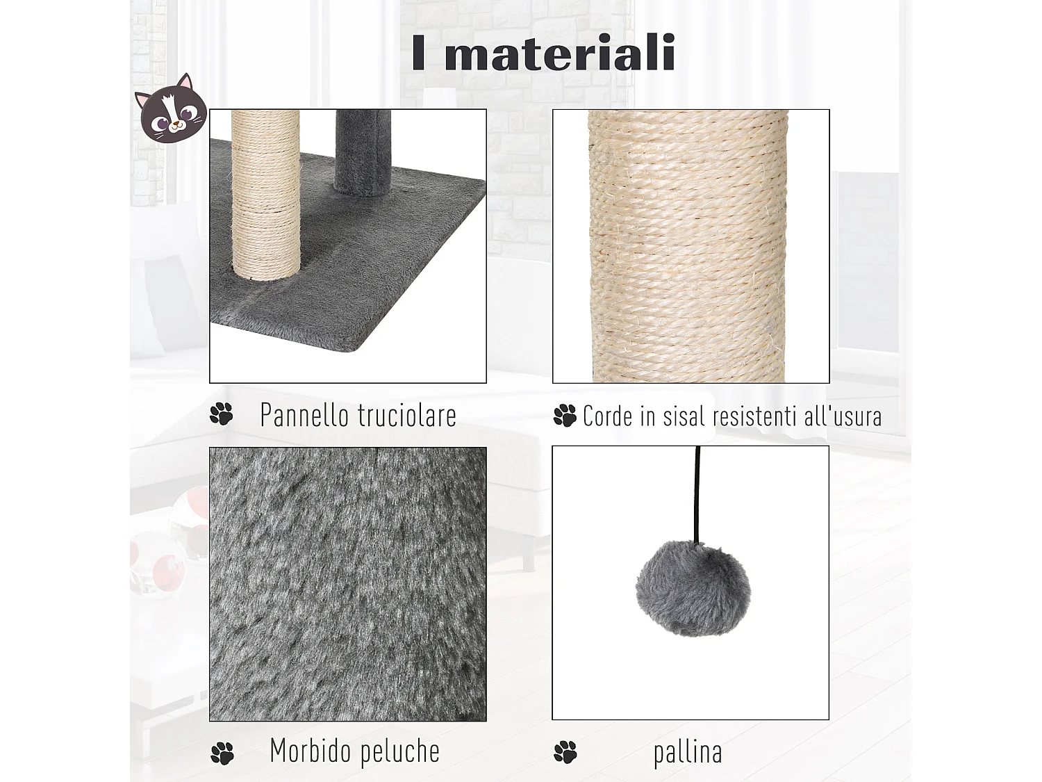 Albero tiragraffi con cuccia in peluche grigio e corda sisal 60x49x130cm