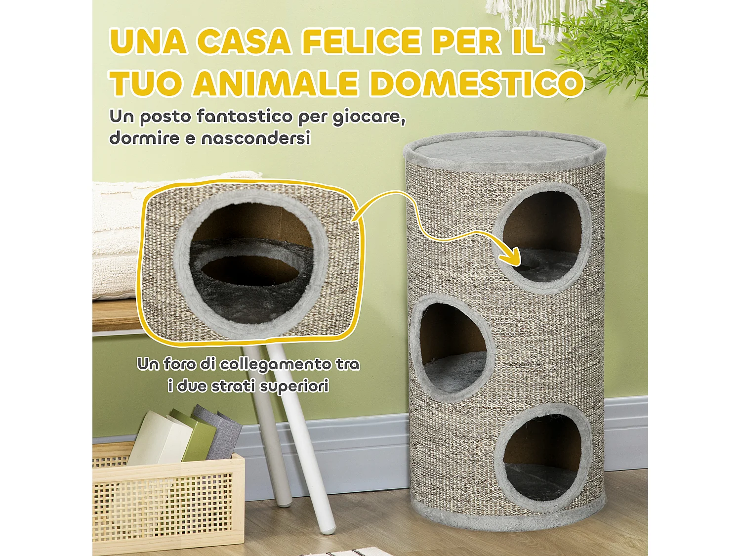 Cuccia per gatti a 3 livelli con tiragraffi in sisal e peluche ø38x70cm