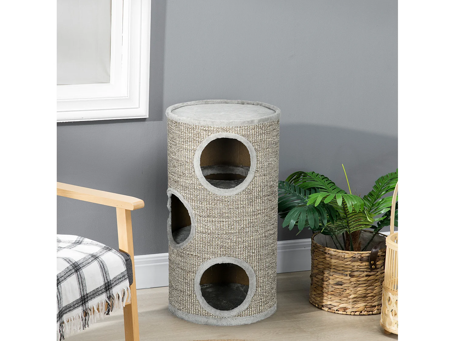 Cuccia per gatti a 3 livelli con tiragraffi in sisal e peluche ø38x70cm