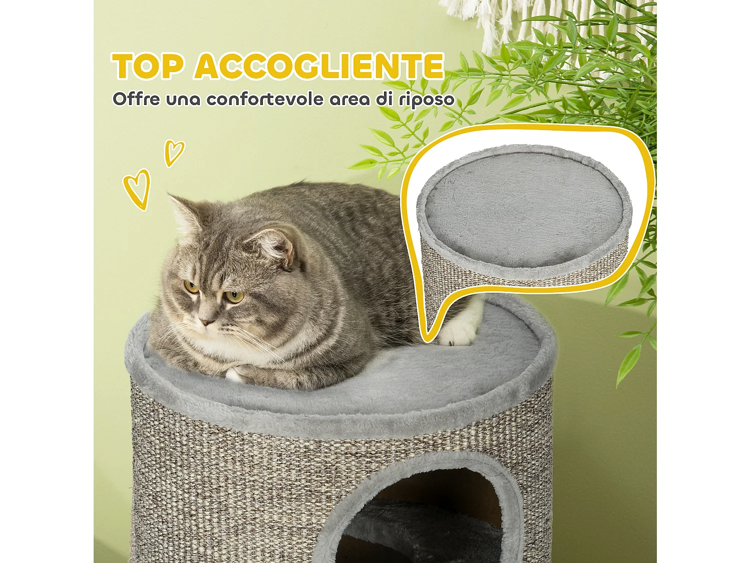 Cuccia per gatti a 3 livelli con tiragraffi in sisal e peluche ø38x70cm