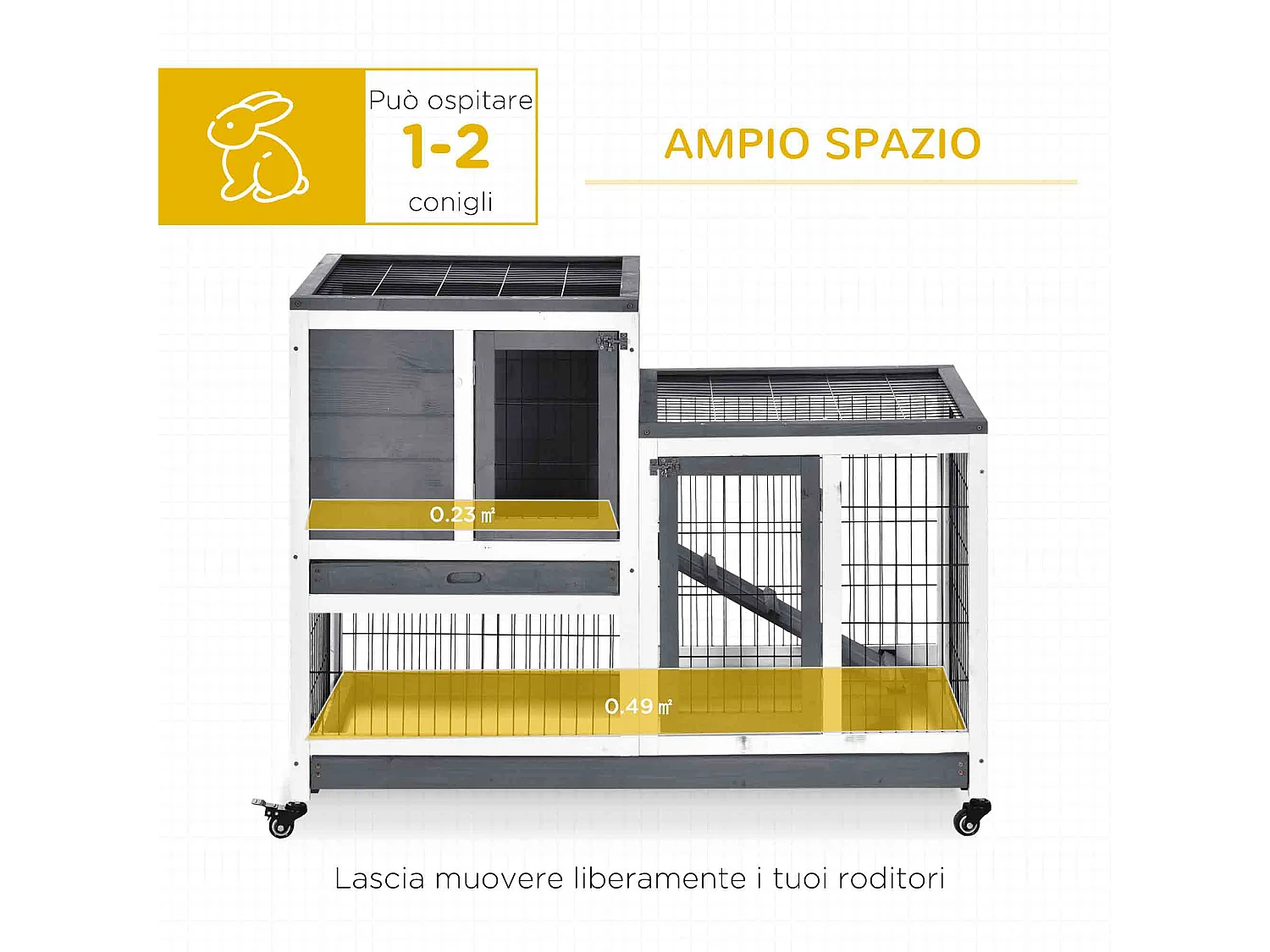 Gabbia per conigli in legno con ruote, vassoi estraibili e casetta grigio