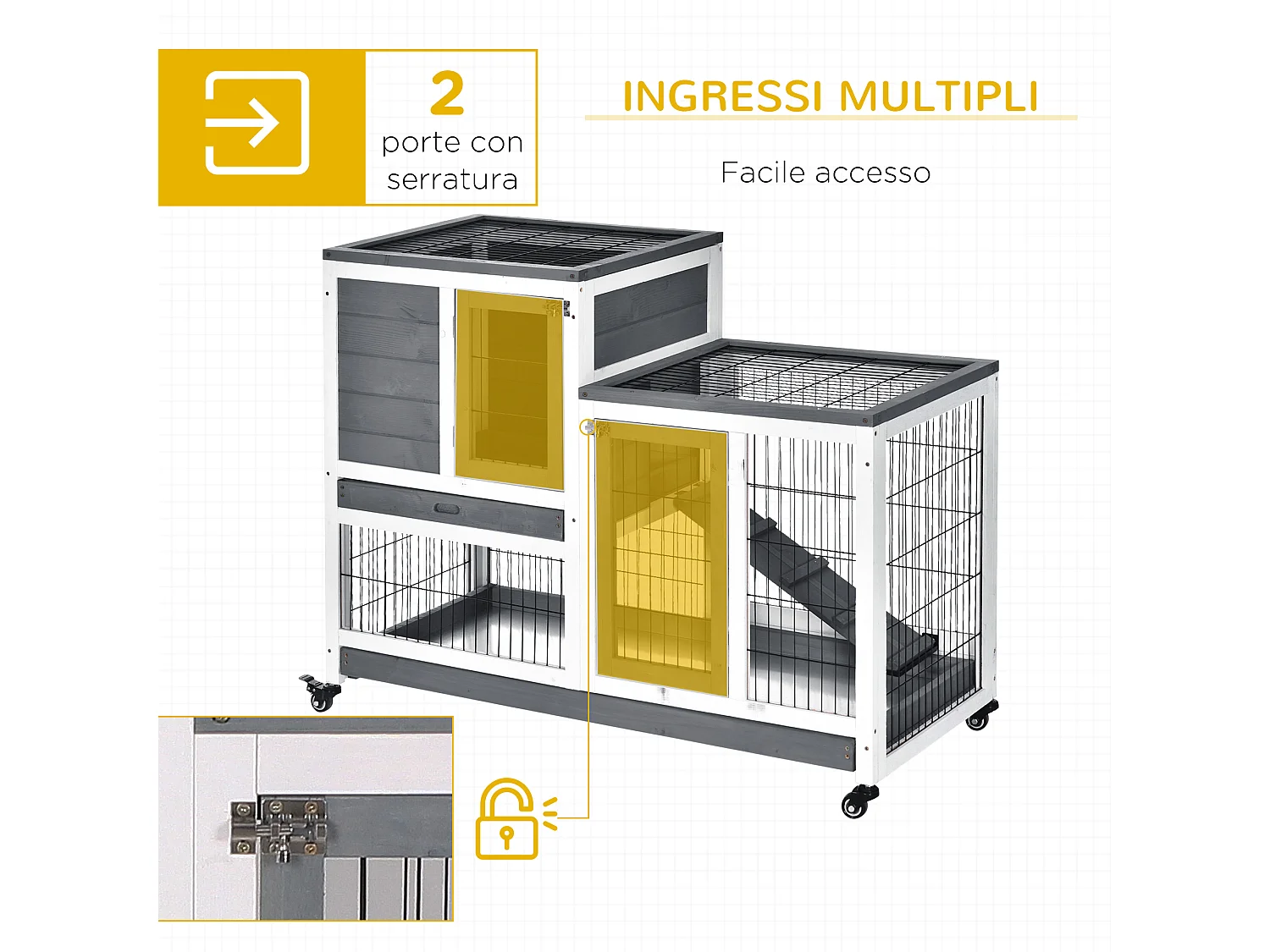 Gabbia per conigli in legno con ruote, vassoi estraibili e casetta grigio