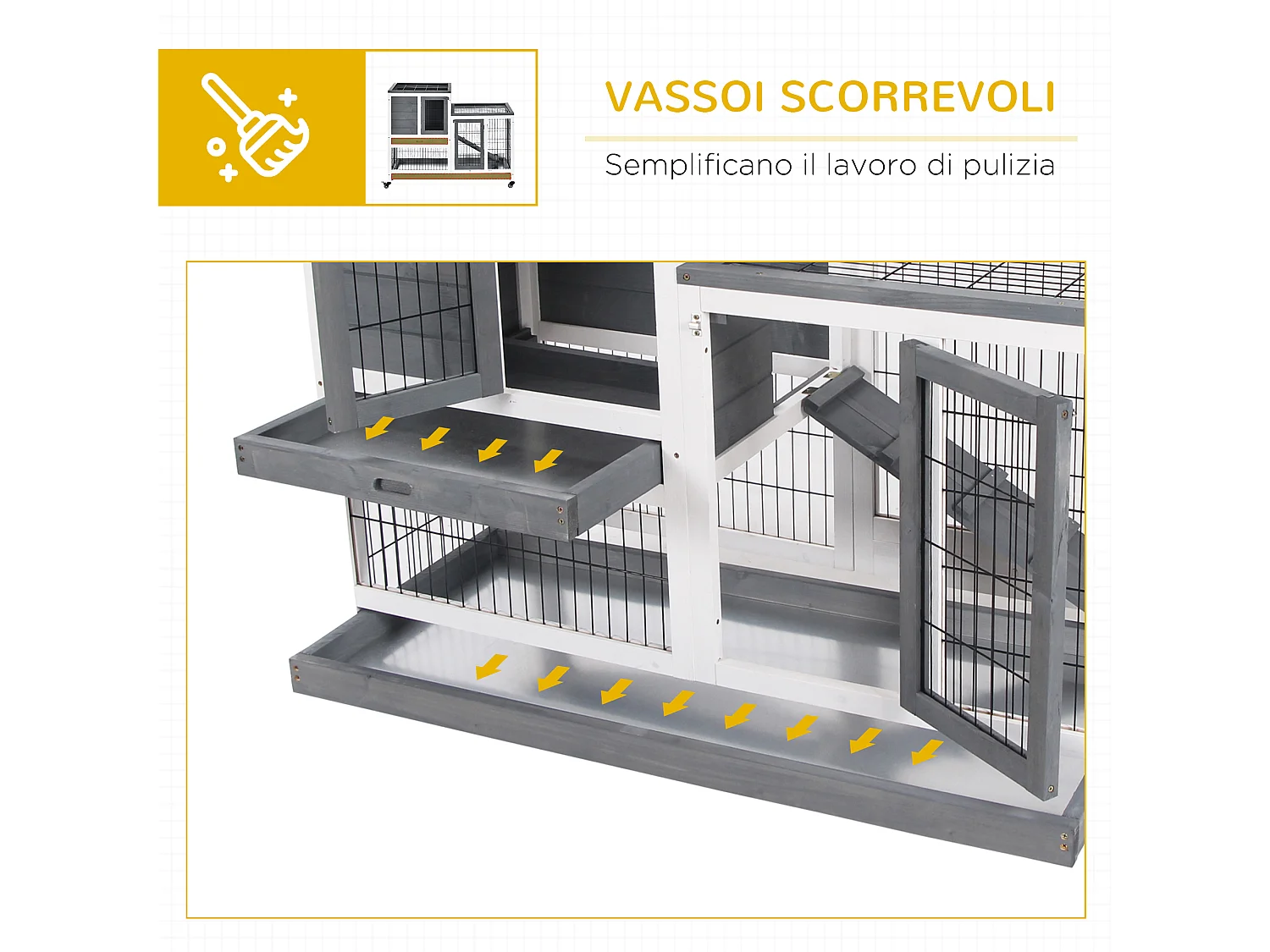 Gabbia per conigli in legno con ruote, vassoi estraibili e casetta grigio