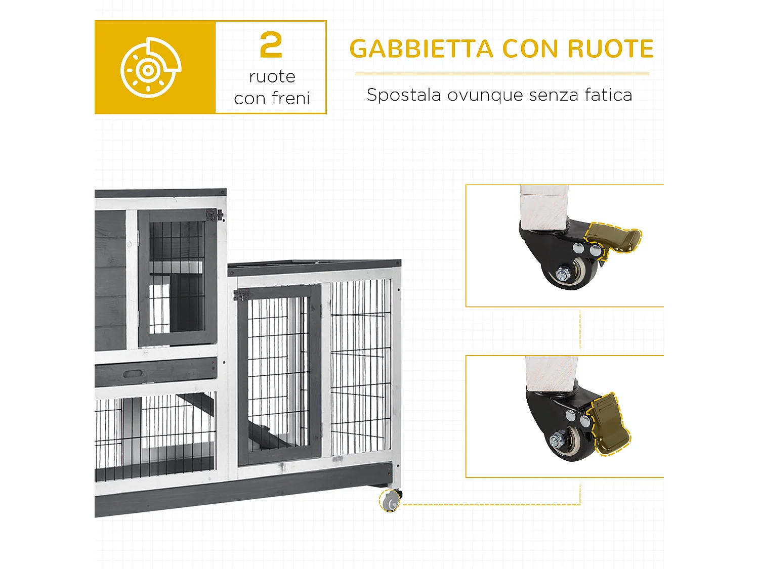 Gabbia per conigli in legno con ruote, vassoi estraibili e casetta grigio