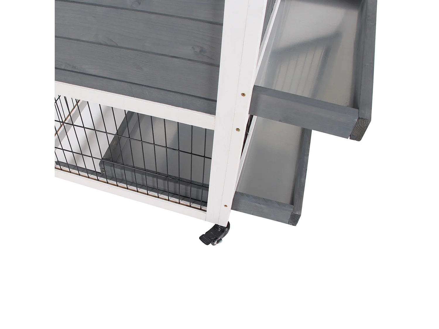 Gabbia per conigli in legno con ruote, vassoi estraibili e casetta grigio