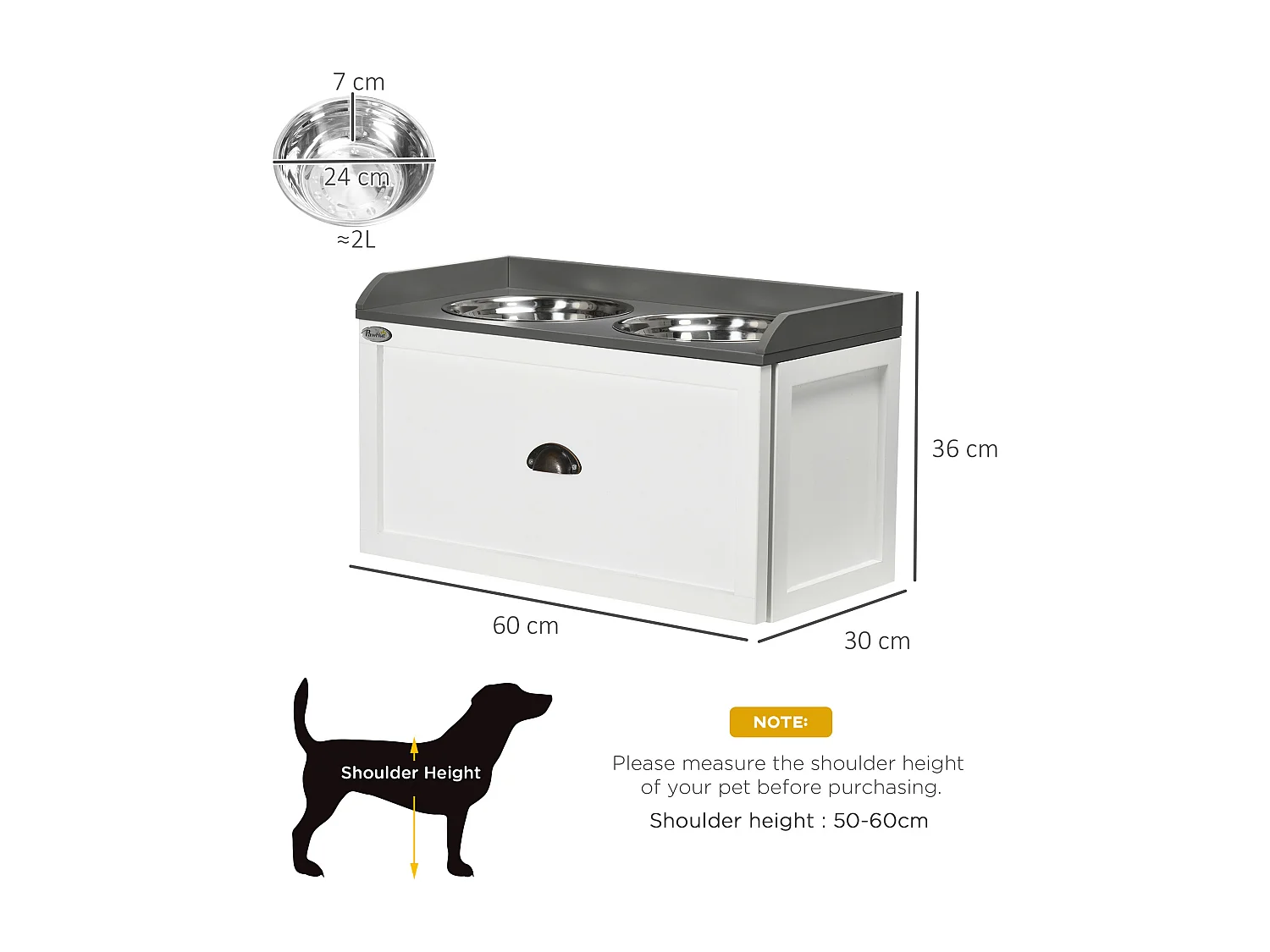 Ciotole per cani rialzate in acciaio inox e legno con cassetto 60x30x36cm