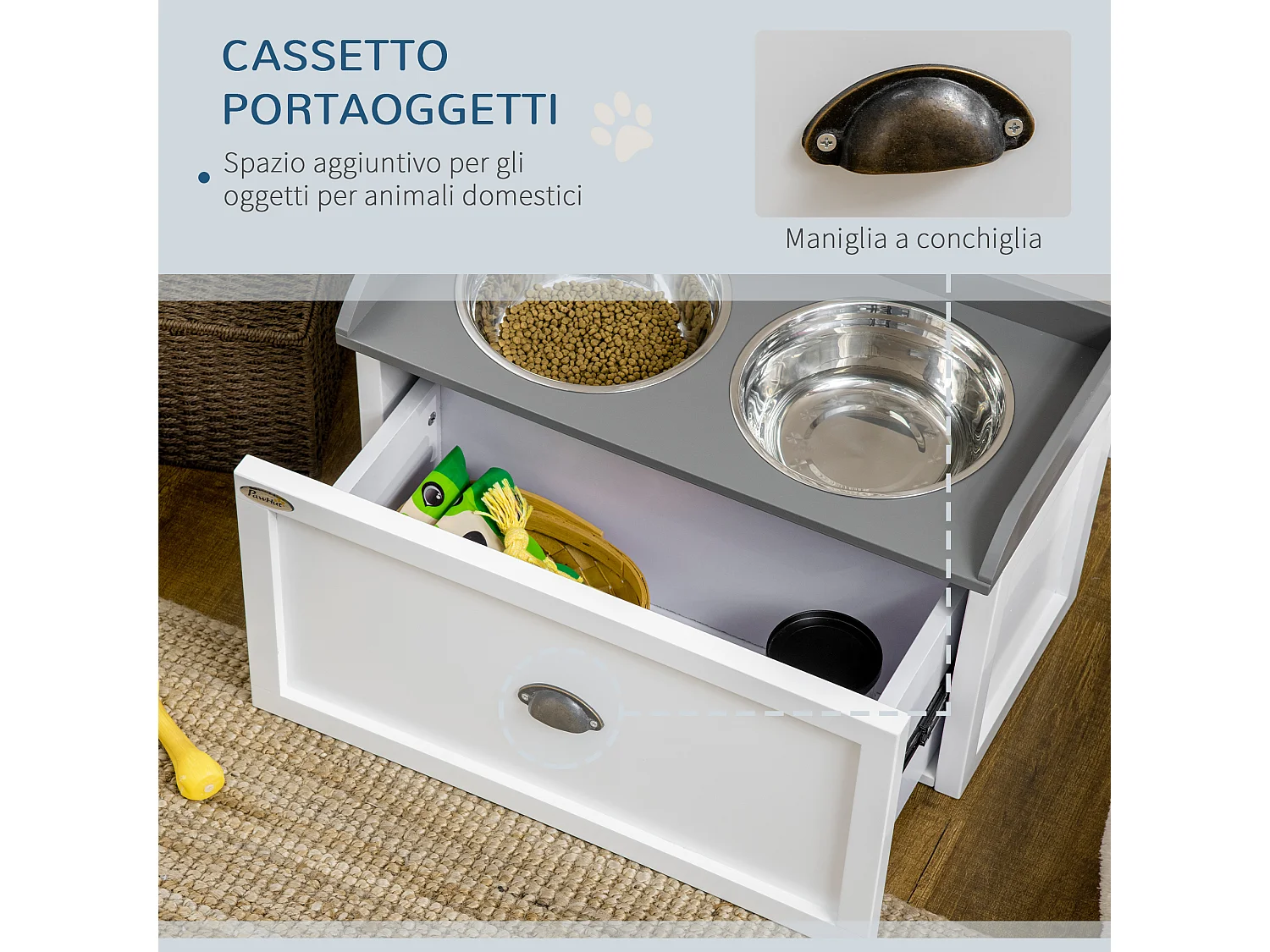 Ciotole per cani rialzate in acciaio inox e legno con cassetto 60x30x36cm