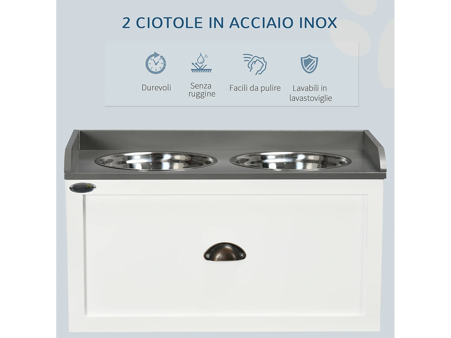 Ciotole per cani rialzate in acciaio inox e legno con cassetto 60x30x36cm