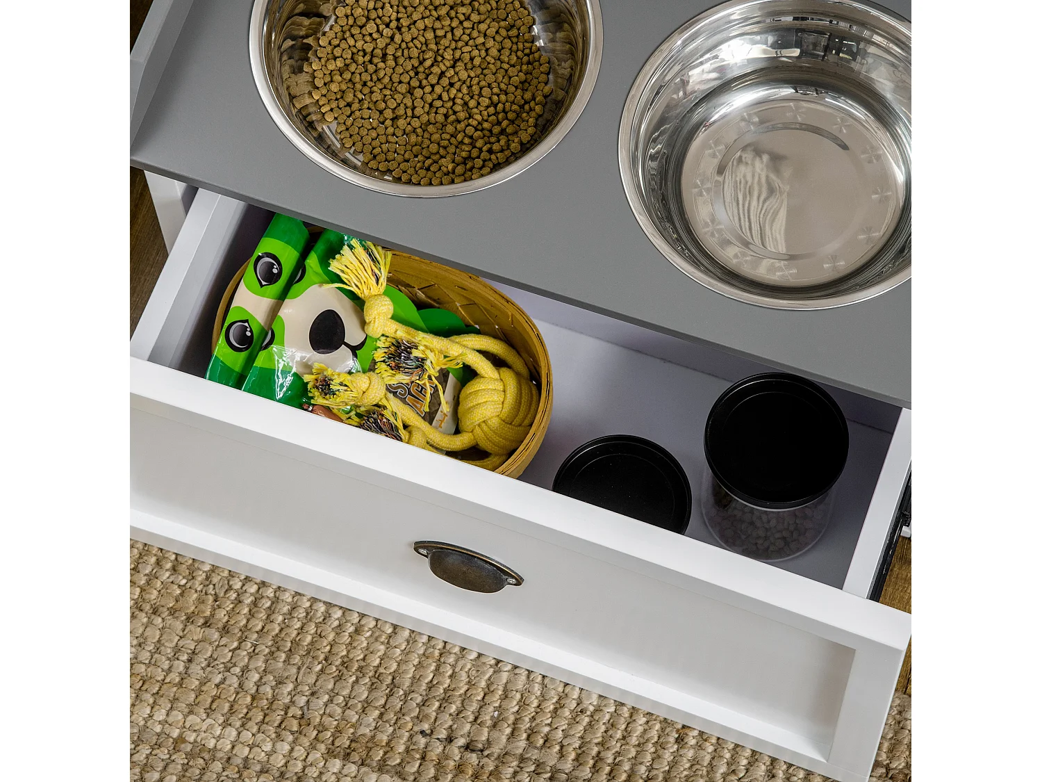 Ciotole per cani rialzate in acciaio inox e legno con cassetto 60x30x36cm