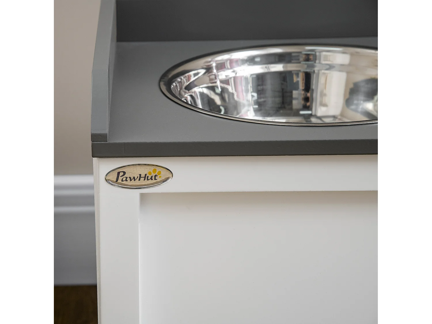 Ciotole per cani rialzate in acciaio inox e legno con cassetto 60x30x36cm