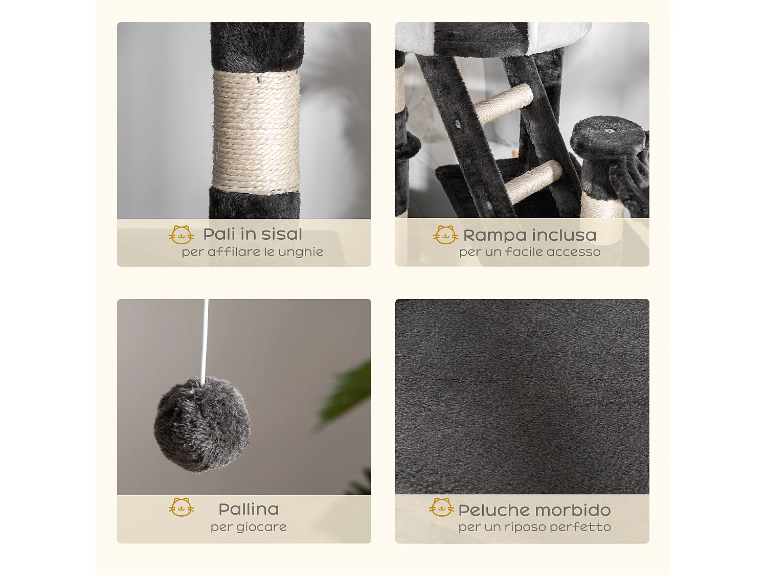 Tiragraffi a soffitto multilivello 240-260cm, cucce, scale, corde sisal