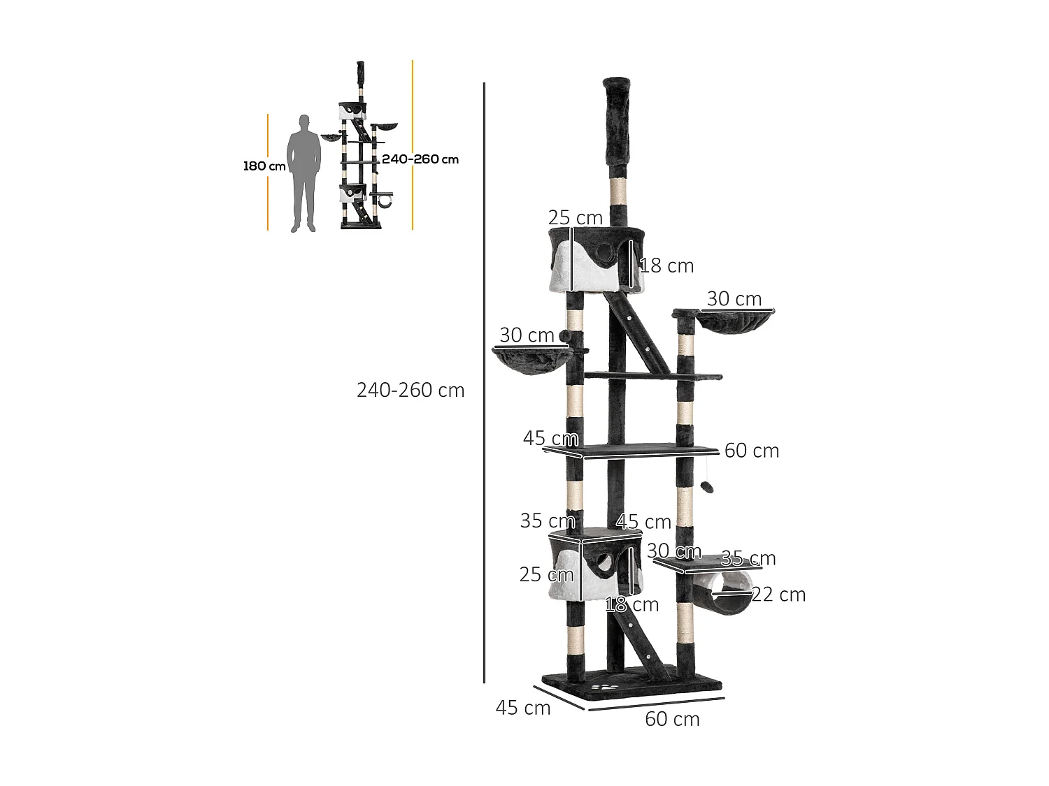 Tiragraffi a soffitto multilivello 240-260cm, cucce, scale, corde sisal