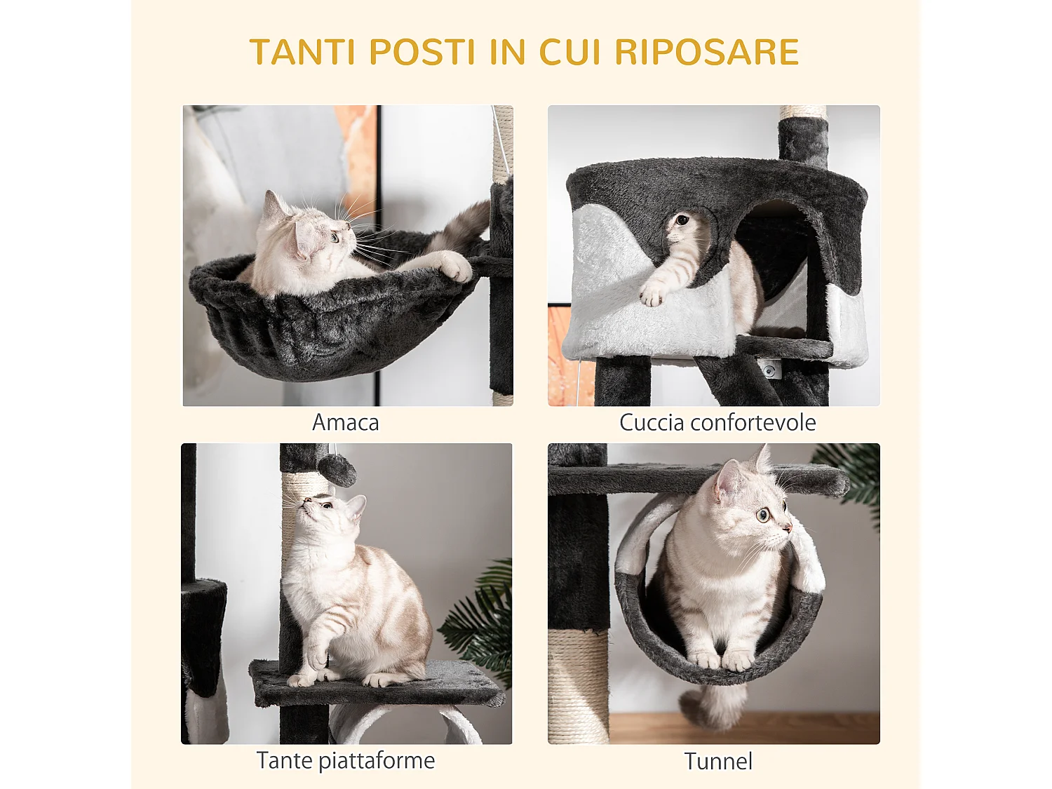 Tiragraffi a soffitto multilivello 240-260cm, cucce, scale, corde sisal