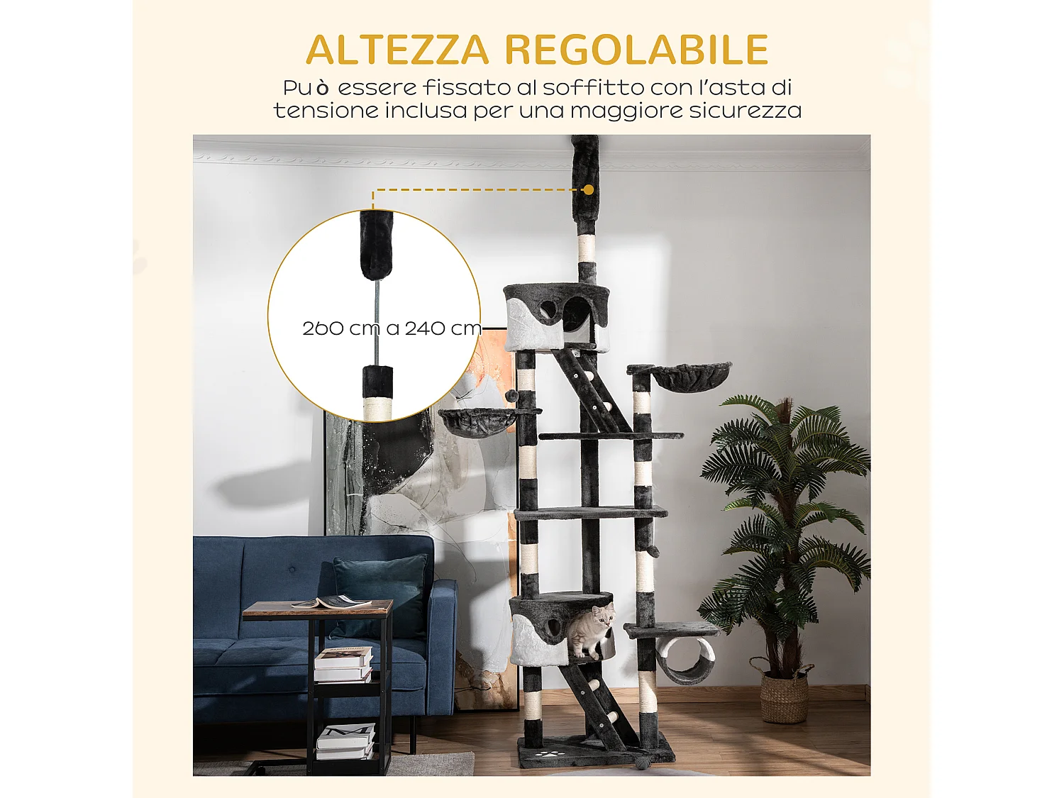 Tiragraffi a soffitto multilivello 240-260cm, cucce, scale, corde sisal