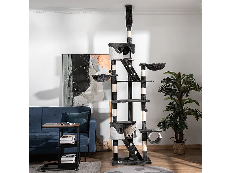 Tiragraffi a soffitto multilivello 240-260cm, cucce, scale, corde sisal